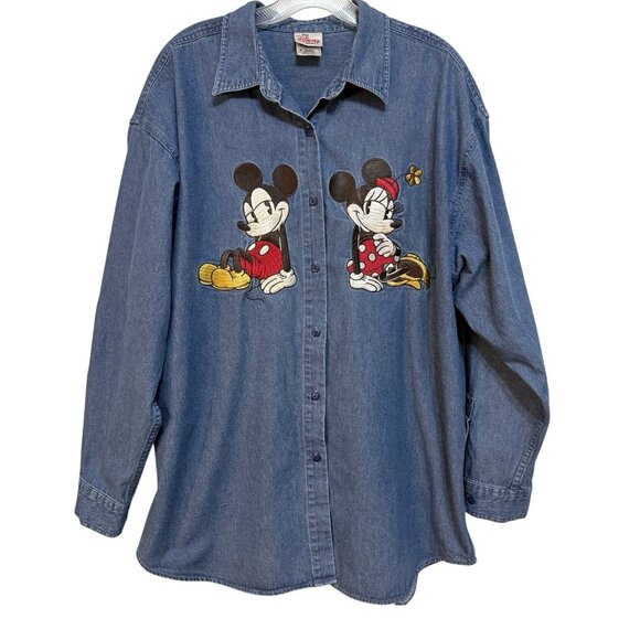 Vintage Disney Store Shirt Womens XL Denim Mickey Minnie Mouse Embroidered 90s - Picture 4 of 4